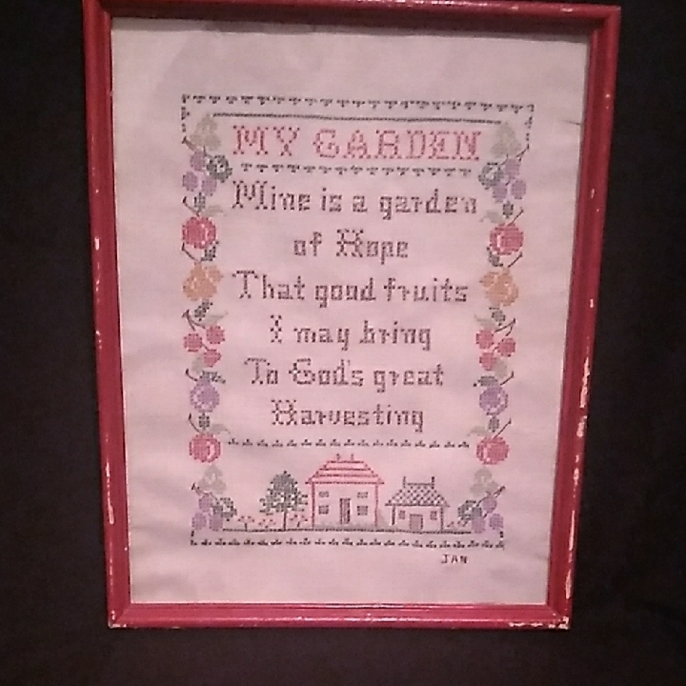 Vintage 1973 Framed "My Garden" Cross-Stitch Art with Red Frame